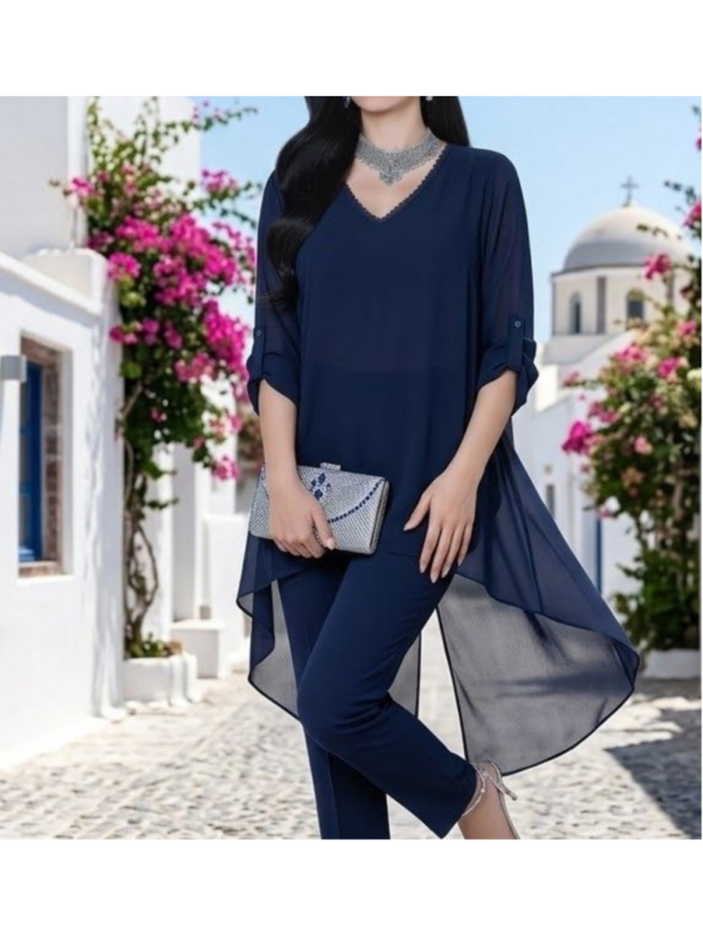 Women's Plus Size June Avenue Sheer Navy Chiffon Tunic Top 3X Quiet Luxe High Lo